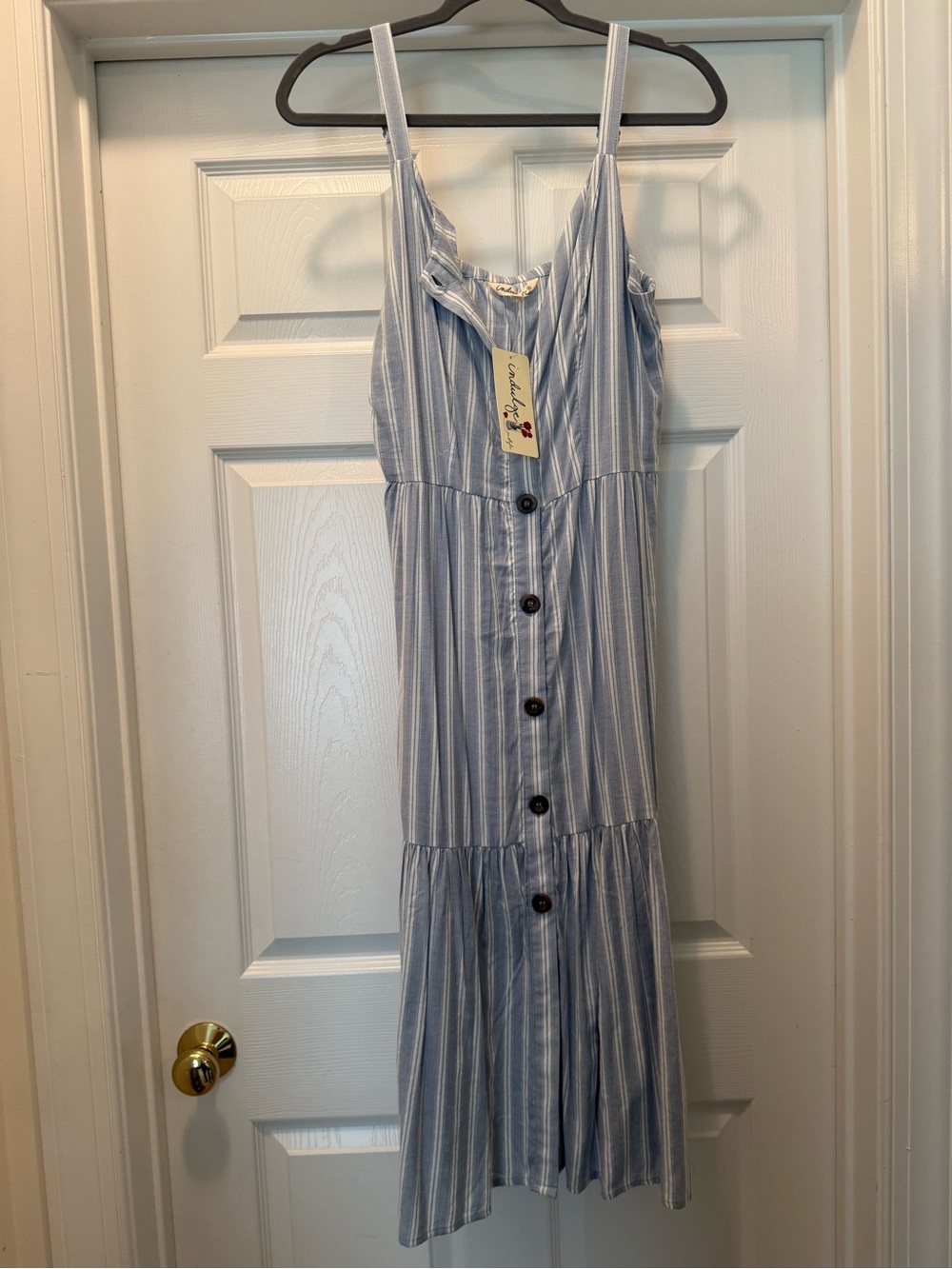 indulge Light Blue & White Striped Midi Button-Front Sundress